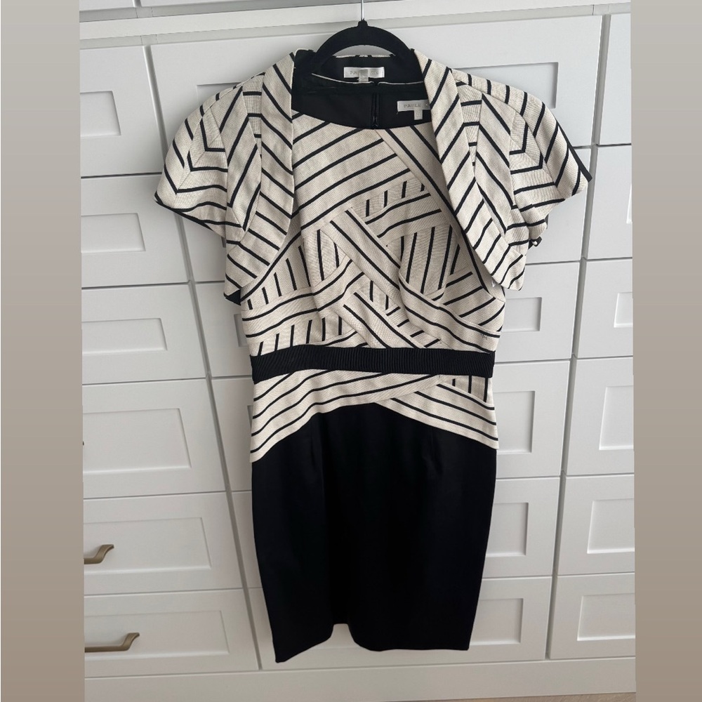 PAULE KA Black and Cream Striped Midi Sheath Dress with matching jacket US 6